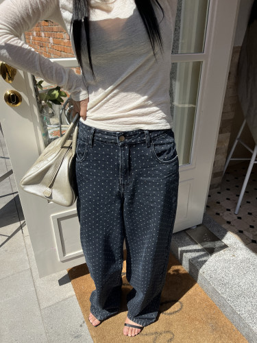 美式复古蓝色波点牛仔裤女