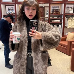 3ts 12/27 秋冬季V领短款环保皮草大衣韩版复古宽松显瘦毛毛外套