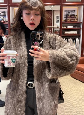 3ts 12/27 秋冬季V领短款环保皮草大衣韩版复古宽松显瘦毛毛外套