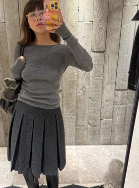 3ts秋冬羊毛灰色毛呢半身裙miu系a字裙格雷系百褶裙短裙