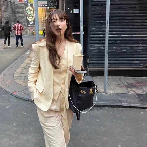 3ts春季1oo亚麻长袖西装外套宽松休闲通勤气质西服马甲裤子套装