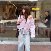 3ts休闲韩系粉色条纹防晒衬衫 外套吊带松弛感两件套装