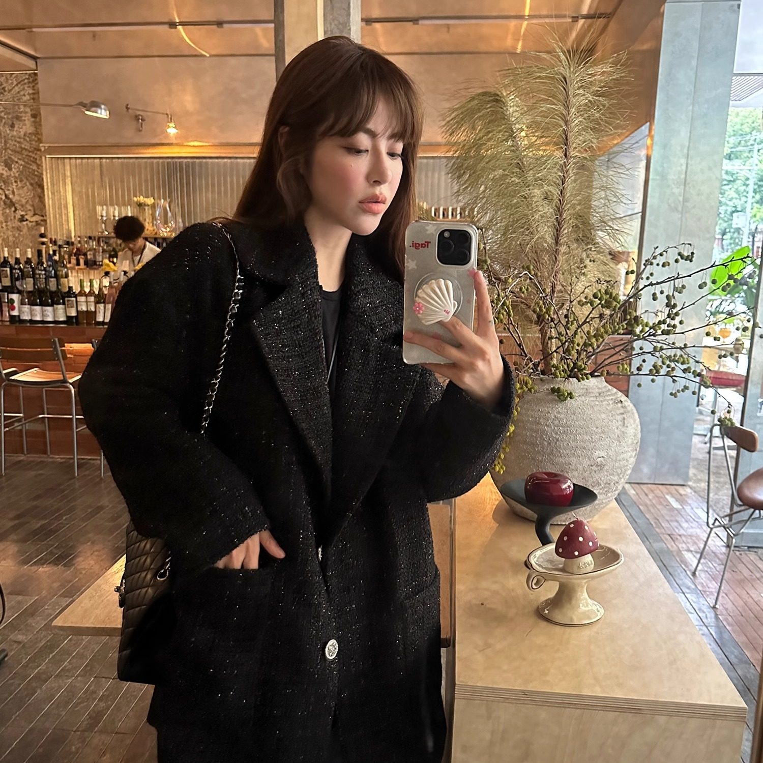 3ts通勤中长款粗花呢小香外套