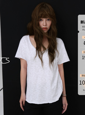3ts05/28粉色白色V领全棉短袖t恤女夏季休闲宽松肌理感慵懒风上衣