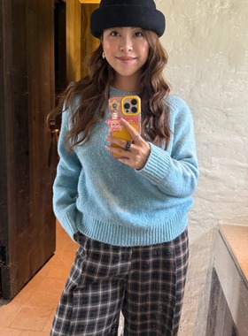 3ts秋冬蓝色长袖针织衫百搭糖果色套头休闲打底毛衣