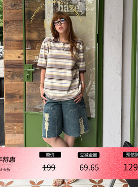 3ts夏季条纹polo衫韩系复古短袖t恤女休闲正肩翻领上衣