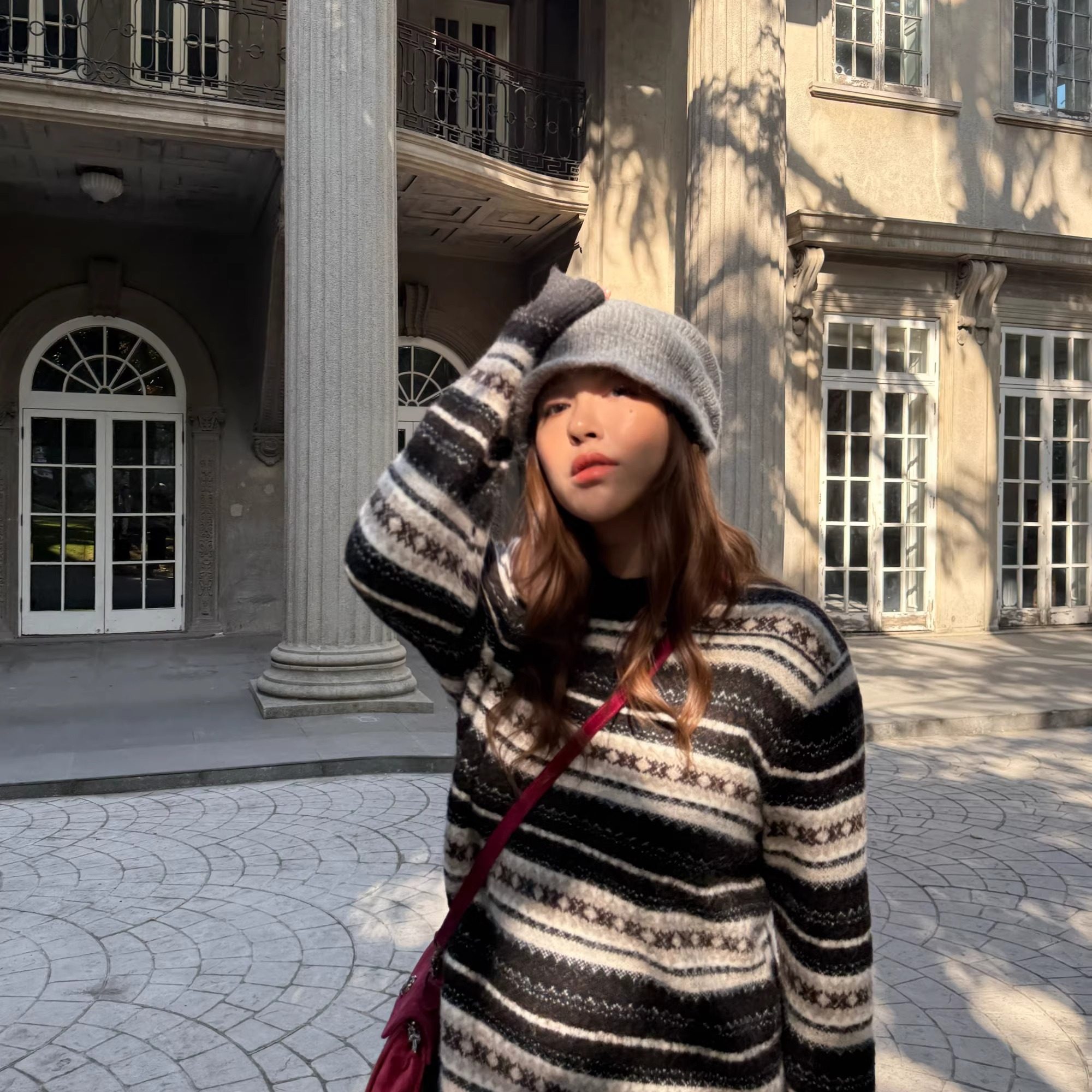 3ts 12/27 秋冬羊毛混纺复古花纹费尔岛提花圆领毛衣软糯慵懒上衣