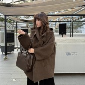 3ts羊毛呢子大衣高级感牦牛绒大立领短款 连帽款 毛呢外套