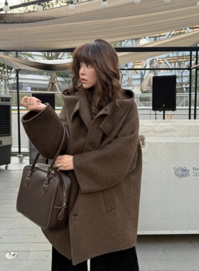 3ts羊毛呢子大衣高级感牦牛绒大立领短款连帽款毛呢外套