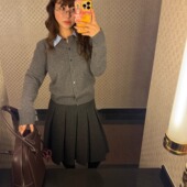 叠穿针织衫 3ts羊毛miu系假两件针织开衫 格雷系灰色修身