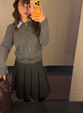 3ts羊毛miu系假两件针织开衫格雷系灰色修身叠穿针织衫