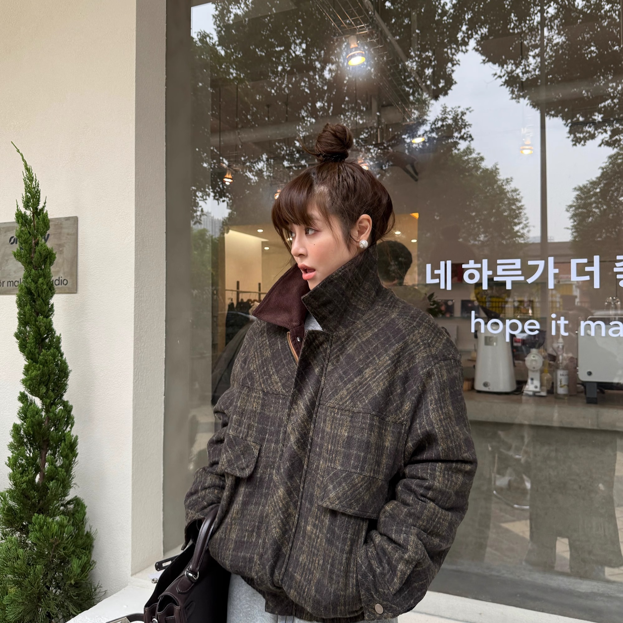 韩系格纹棉服外套宽松廓形夹克