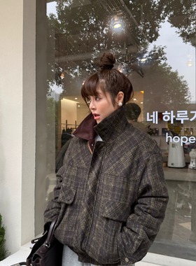 3ts秋冬韩系复古格纹棉服外套宽松廓形夹克加厚短款格子棉衣棉袄