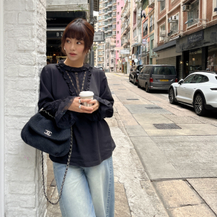 上衣女 黑色拼接长袖 法式 3ts 小衫 夏季 蕾丝花边衬衫 雪纺衫