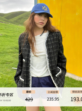 3ts春秋高级感黑色法式小香风外套名媛气质短款上衣