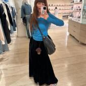 3ts黑色丝绒大摆裙半身裙秋冬季 百褶裙显瘦a字裙中长款 冬裙