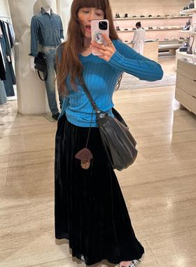 3ts黑色丝绒大摆裙半身裙秋冬季百褶裙显瘦a字裙中长款冬裙