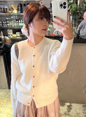 3ts白色韩版宽松针织开衫春季圆领长袖高级感针织衫薄款毛衣外套