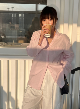 3ts夏季法式粉色亚麻衬衫高级感长袖薄款宽松设计感衬衣