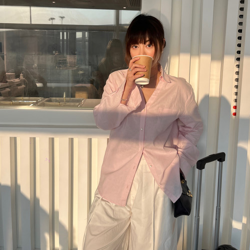 3ts夏季法式粉色亚麻衬衫高级感长袖薄款宽松设计感衬衣