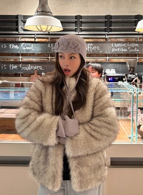 3ts柔软温柔环保皮草短款保暖宽松小立领仿毛毛外套大衣