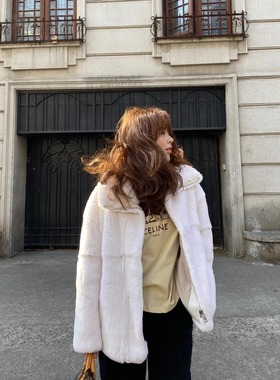 3ts 獭兔毛皮草法式轻奢高级感大衣短款轻奢大衣立领女