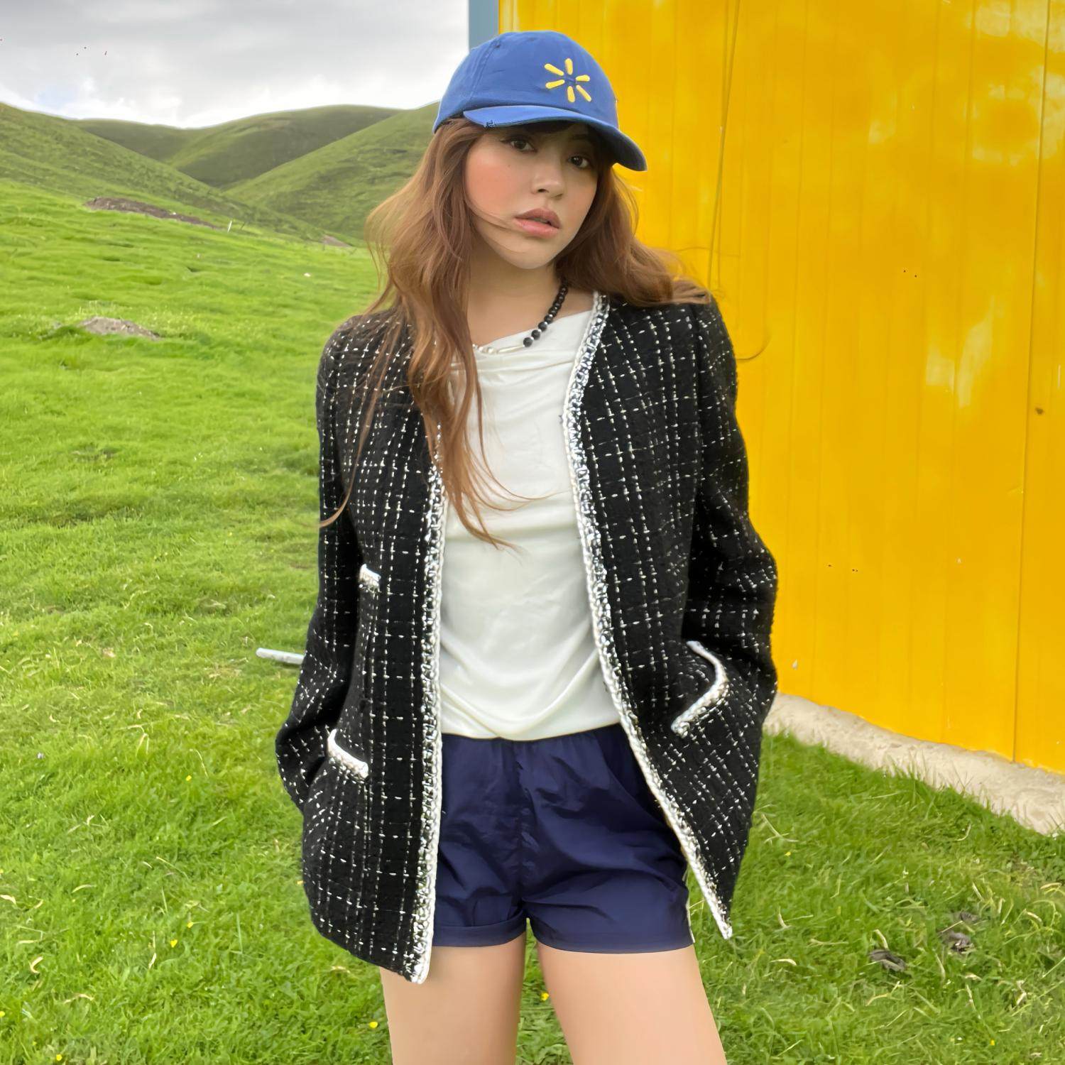 3ts春秋高级感黑色法式小香风外套名媛气质短款上衣