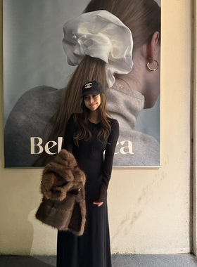 3ts黑色亨利领长袖针织打底连衣裙秋冬长款修身内搭裙子