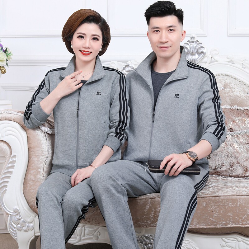 纯棉情侣休闲运动套装中老年爸爸装运动服两件套妈妈春秋冬款加绒