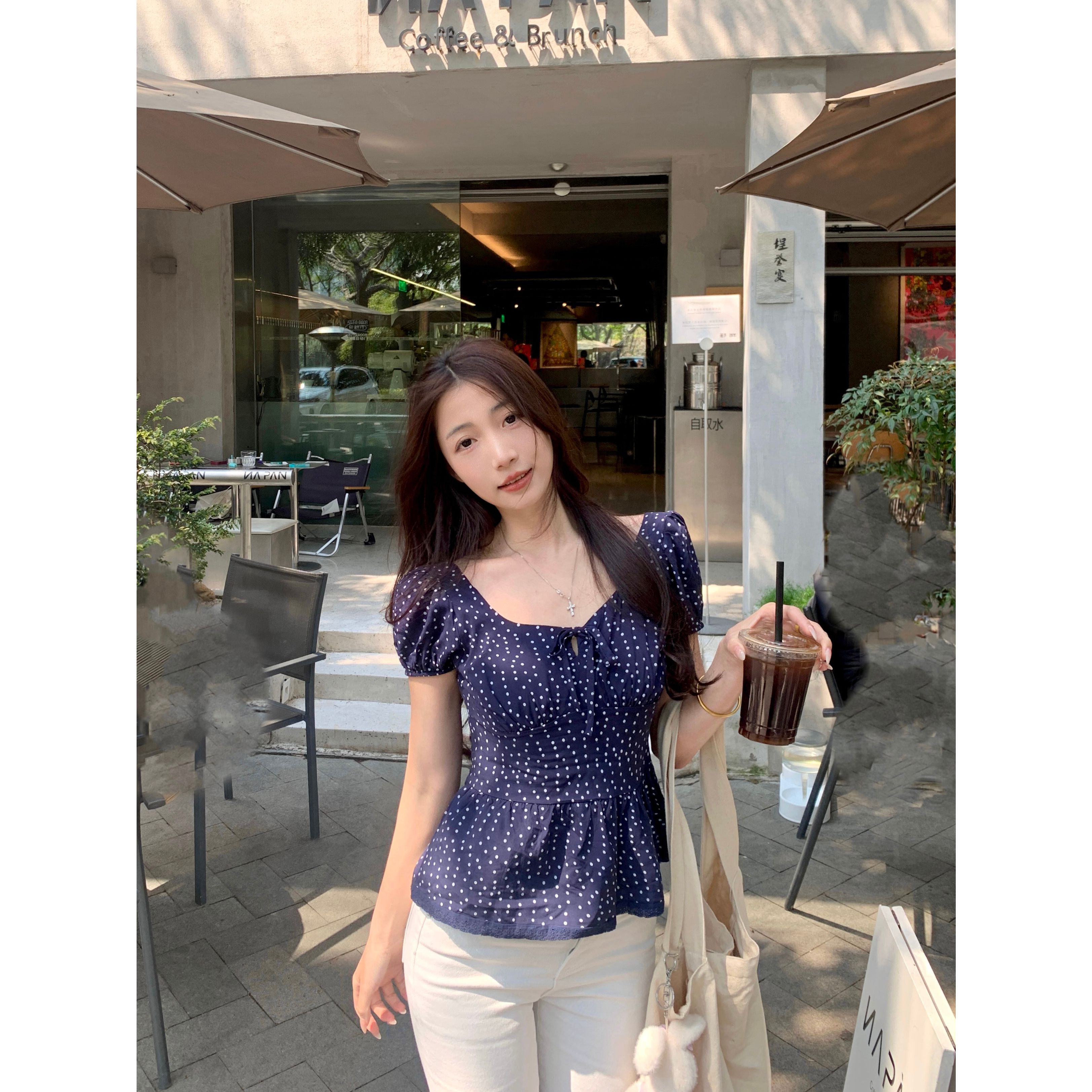 实拍 大码胖MM韩版波点甜美荷叶边系带短袖上衣方领收腰显瘦衬衫