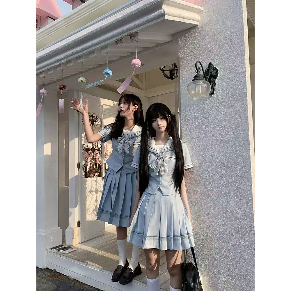 Mew现货 lulucake小栀收腰jk制服水手服夏季蓝色学院风短袖套装女
