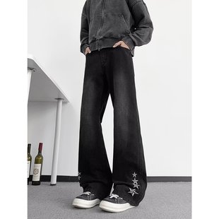 美式高街黑色做旧牛仔裤男款潮牌复古痞帅显瘦直筒修身微喇长裤子