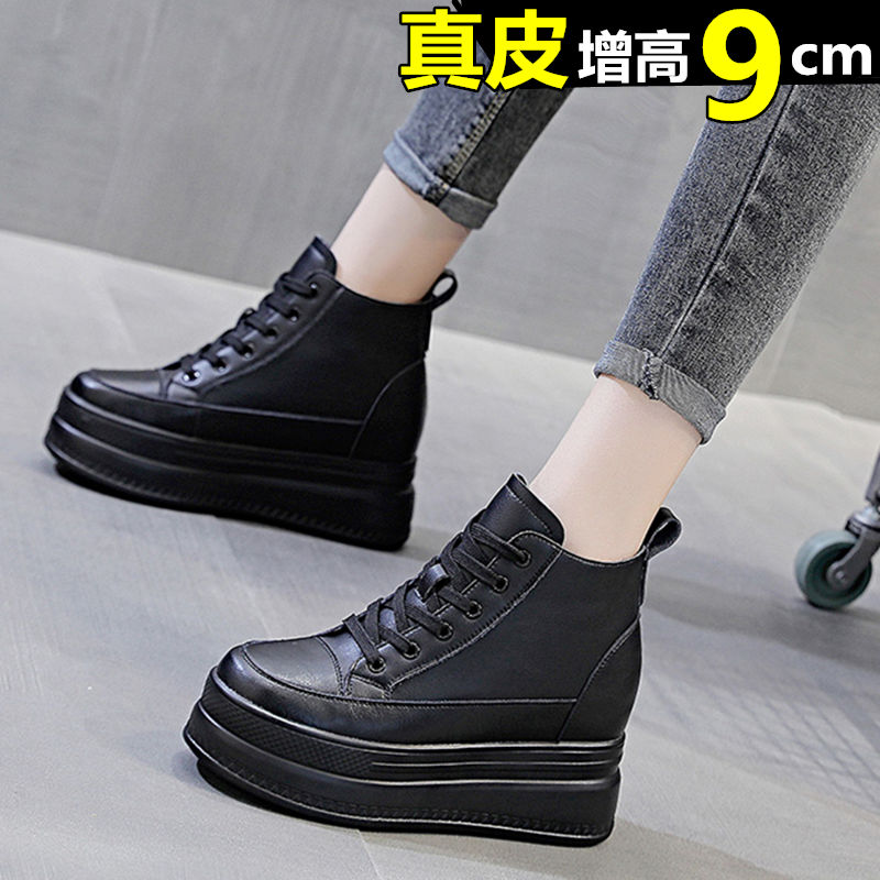 牛皮女鞋10cm百搭板松糕坡跟小黑