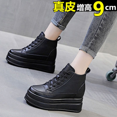 牛皮女鞋10cm百搭板松糕坡跟小黑