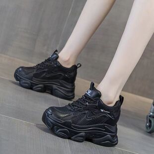 小个子内增高女鞋 黑色老爹鞋 女2025新款 秋款 子 8cm厚底休闲运动鞋