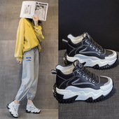 女2025春季 单鞋 新款 百搭显瘦8cm厚底内增高老爹鞋 爆款 真皮高帮鞋