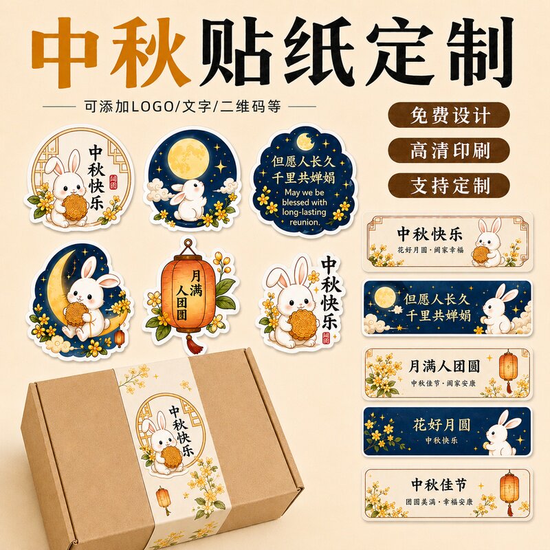 中秋礼盒贴纸定制月饼蛋黄酥糕点包装盒商标logo封口贴不干胶设计