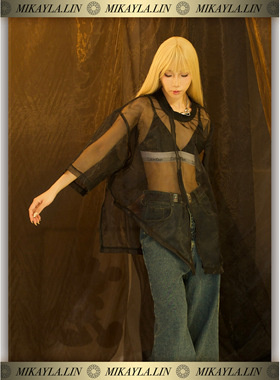 MIKAYLA米凯拉 原创设计中性不规则设计网纱透视男女情侣拉链T恤