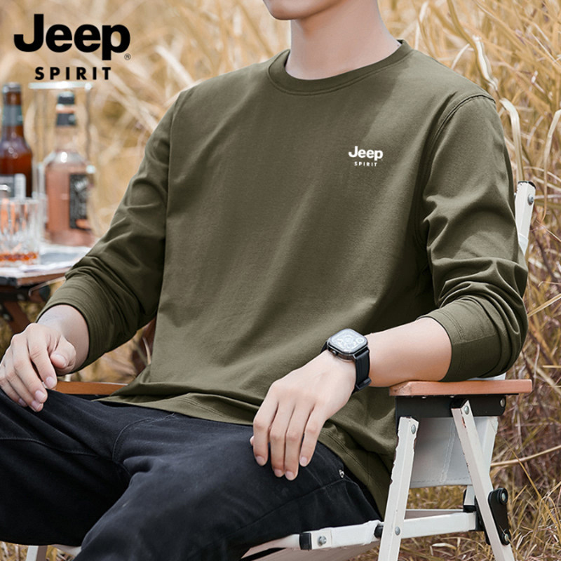 JEEP重磅纯棉卫衣长袖T恤男圆领套头户外运动休闲内搭上衣打底衫