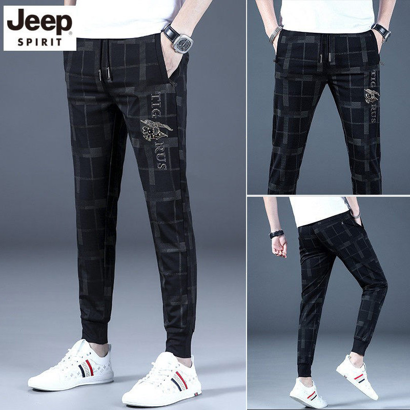 吉普冰丝休闲裤男夏季薄款修身束脚格子刺绣九分哈伦裤子运动青年