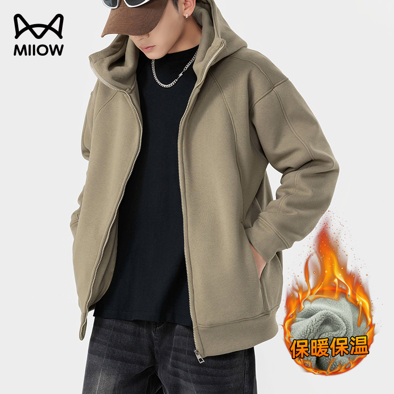 猫人美式重磅摇粒绒连帽开衫卫衣