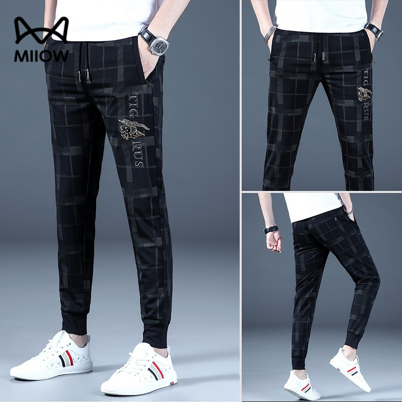 猫人冰丝休闲裤男夏季薄款修身束脚格子刺绣九分哈伦裤子运动青年