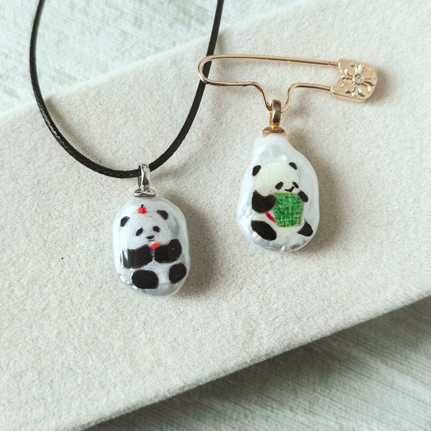 油画风熊猫淡水珍珠吊坠胸针