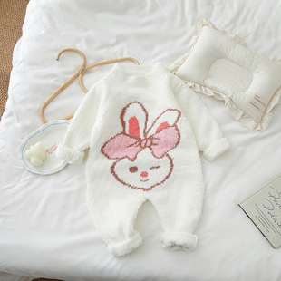 婴幼儿半边绒秋冬小兔子可爱宝宝软绵绵加厚哈衣爬服连体衣家居服