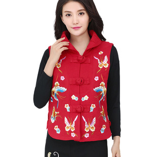 春秋妈妈装新款绣花马夹中式民族风女装短款马甲立领盘扣女式背心