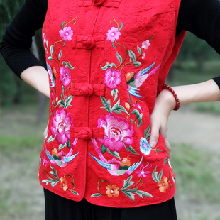 特价春秋新款绣花马甲中老年女装提花棉坎肩民族风复古盘扣背心女