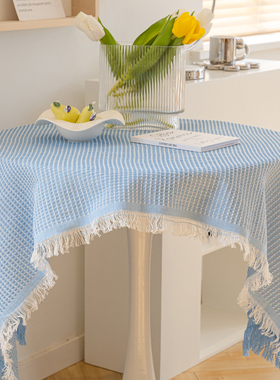 快速发货蓝色insn风棉麻日式蕾丝桌布茶几盖布法式轻奢高级感圆桌