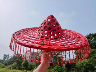 成人跳舞斗笠帽子广场舞成人流苏民族舞演出道具红色竹编舞蹈斗笠