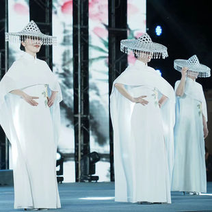 春三月古风帽子镂空斗笠舞蹈斗笠竹帽白色走秀吊珠流苏斗笠浔山行