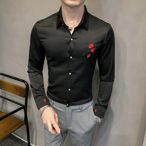 2021春装男衬衫长袖绣花衬衣金属装饰男青年潮流衬衫H86特图片